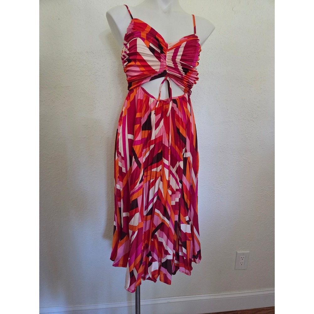 Lulus Pink Orange Abstract Pleated Cutout Smocked Midi Dress Womens Small